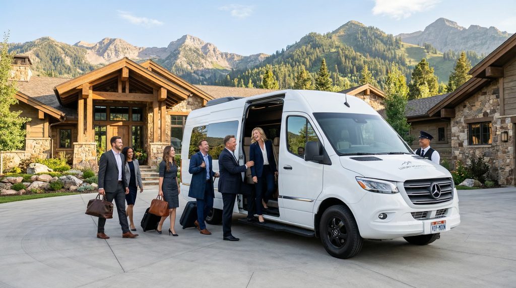 A group of executives enjoying the comfort of a luxury limo van that picks them up from an estate to transport them to their event.  