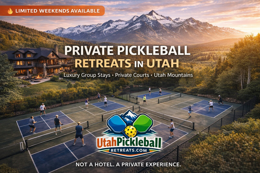 Aerial view of a luxury mountain lodge with private pickleball courts for Utah Pickleball Retreats.