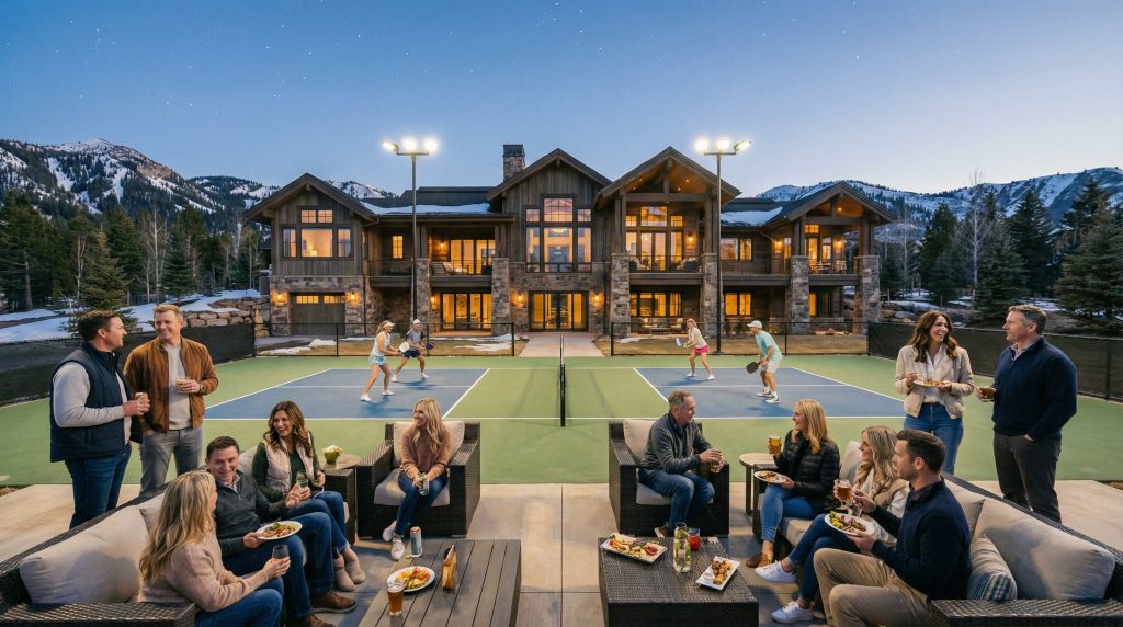 A corporate group hosting a private, self-hosted pickleball tournament on a professional stadium-lit court at a luxury 9-bedroom mountain estate in Utah.