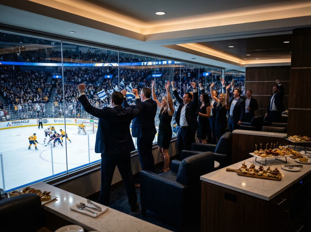 A diverse corporate group enjoying a private, catered pre-game tailgate at a luxury Utah estate before attending a professional sporting event.