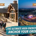 A split-screen graphic showing a sharply dressed group toasting on the patio of a luxury Utah mountain estate next to an aerial twilight view of a massive, sold-out stadium concert.